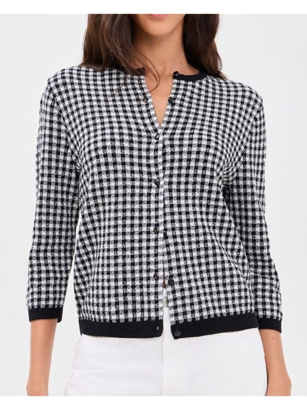Vince Gingham Italian Wool-Blend Cardigan Black White Size XS